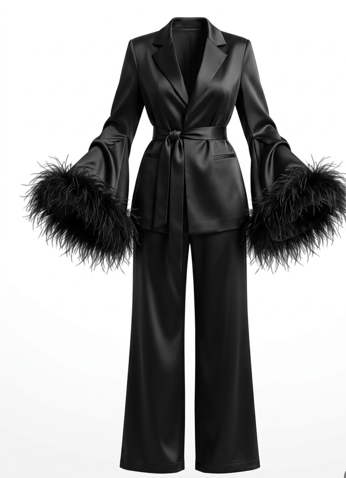 Tailleur Federica composto da blazer con cintura in vita e pantaloni palazzo dalla linea fluida. Le maniche impreziosite da morbide piume aggiungono un tocco glamour e sofisticato. Perfetto per eventi, serate eleganti e occasioni speciali.